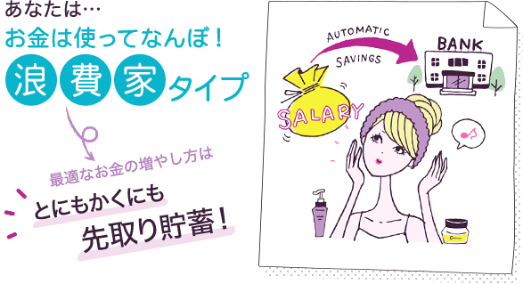 あなたは…お金は使ってなんぼ!浪費家タイプ⇒最適なお金の増やし方はとにもかくにも先取り貯蓄!