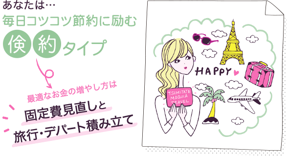 あなたは…毎日コツコツ節約に励む倹約タイプ→最適なお金の増やし方は固定費見直しと旅行・デパート積み立て
