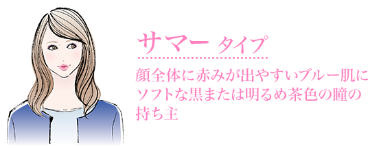 サマータイプ顔全体に赤みが出やすいブルー肌に
ソフトな黒または明るめ茶色の瞳の持ち主