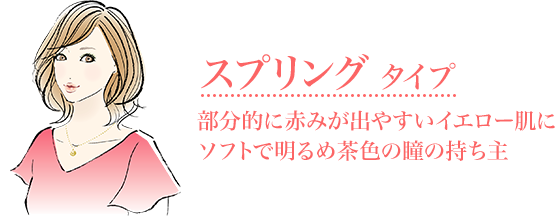 スプリングタイプ部分的に赤みが出やすいイエロー肌に
ソフトで明るめ茶色の瞳の持ち主